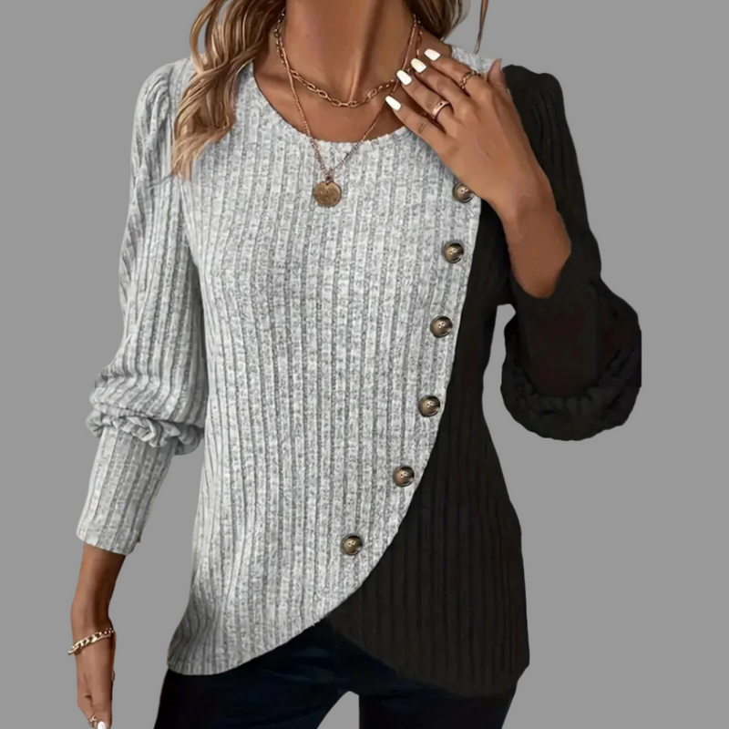KAIA | ELEGANTNÝ PLETENÝ SVETER NA GOMBÍKY S DLHÝMI RUKÁVMI